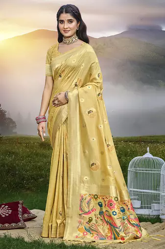Yellow color graceful woven meenakari designer saree on assam silk fabric