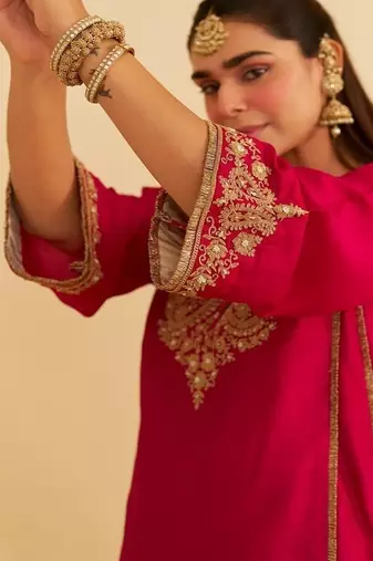 Hot pink embroidered silk kurta set