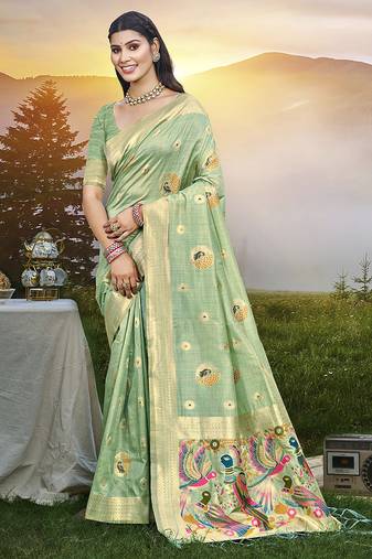 Sea green color graceful woven meenakari designer saree on assam silk fabric