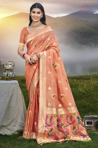 Gajri color graceful woven meenakari designer saree on assam silk fabric