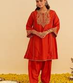 Orange embroidered silk kurta set