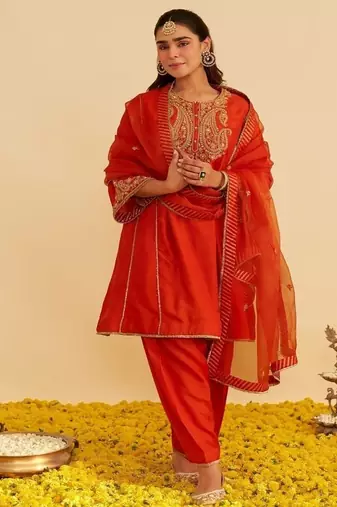 Orange embroidered silk kurta set