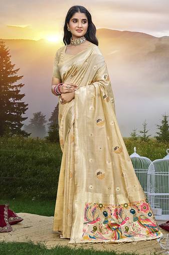 Cream color graceful woven meenakari designer saree on assam silk fabric