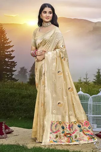 Cream color graceful woven meenakari designer saree on assam silk fabric