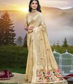 Cream color graceful woven meenakari saree on assam silk fabric