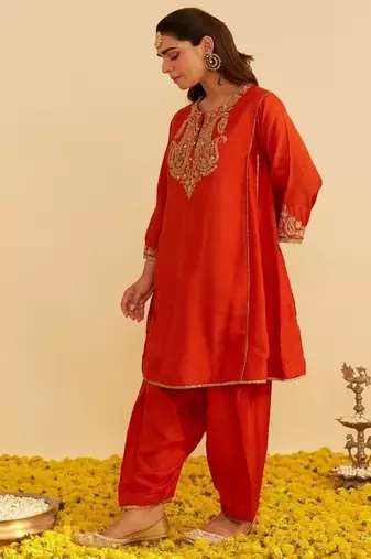 Orange embroidered silk kurta set