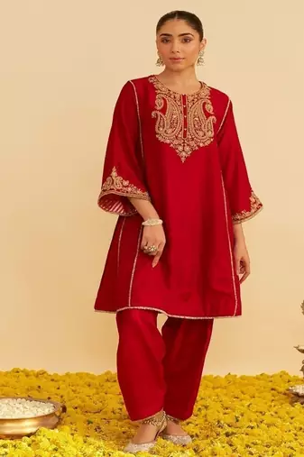 Red embroidered silk kurta set