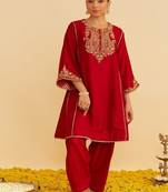 Red embroidered silk kurta set