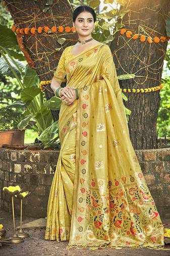 Yellow color heavy looks woven meenakari designer assam silk saree