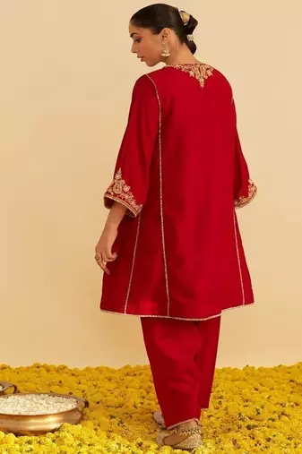Red embroidered silk kurta set