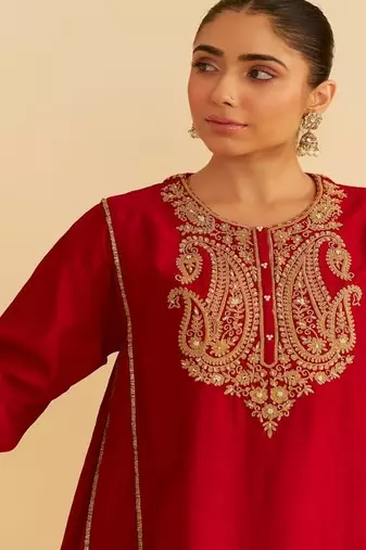 Red embroidered silk kurta set