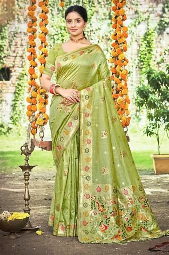 Green color heavy looks woven meenakari designer assam silk saree