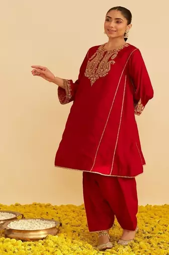 Red embroidered silk kurta set
