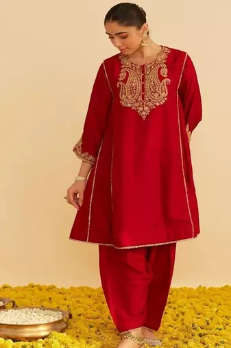 Red embroidered silk kurta set