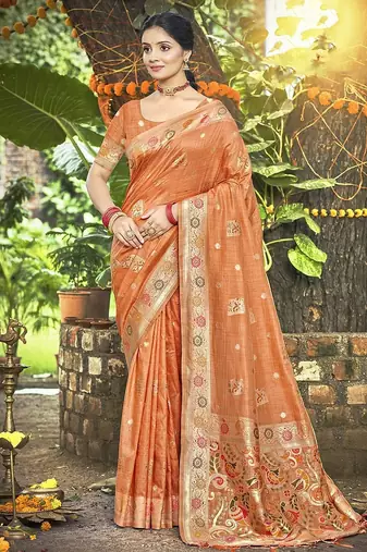 Orange color heavy looks woven meenakari designer assam silk saree