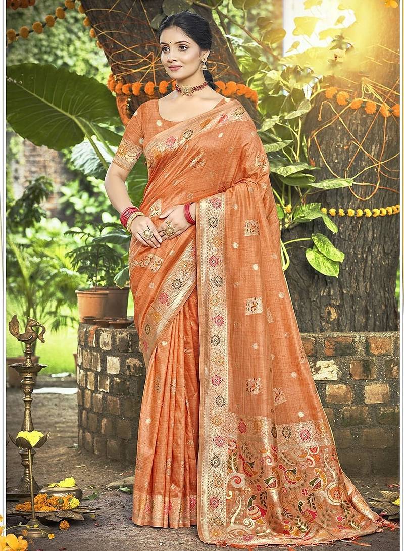 Orange color heavy looks woven meenakari designer assam silk saree