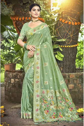 Sea green color heavy looks woven meenakari designer assam silk saree