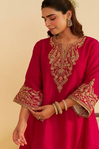 Hot pink embroidered silk kurta set