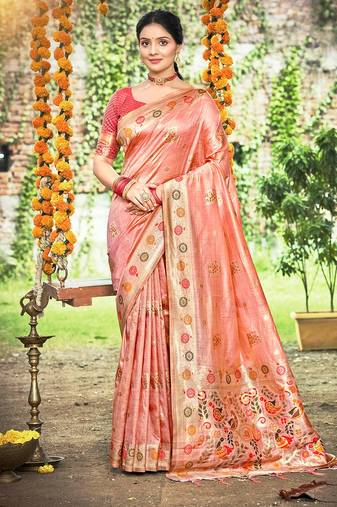 Peach color heavy looks woven meenakari designer assam silk saree