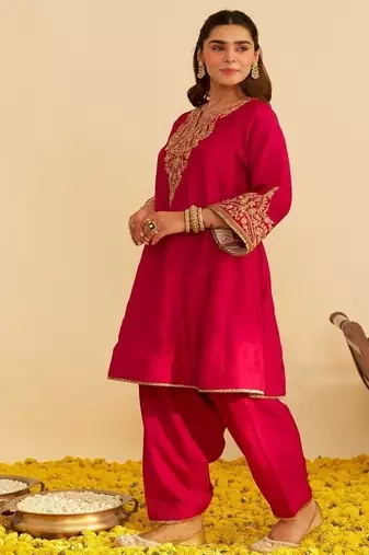 Hot pink embroidered silk kurta set