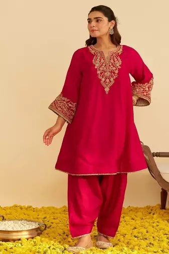 Hot pink embroidered silk kurta set