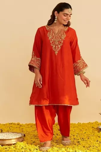 Orange embroidered silk kurta set