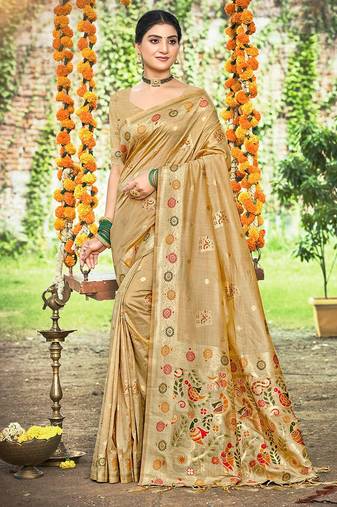 Beige color heavy looks woven meenakari designer assam silk saree