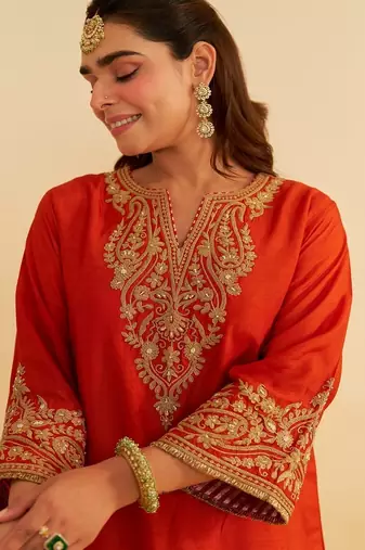 Orange embroidered silk kurta set