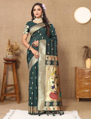 Green paithani silk blend woven meenakari jacquard traditional rich ethnic saree 1