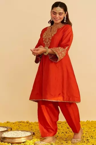 Orange embroidered silk kurta set