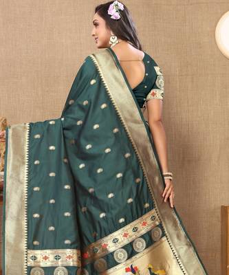 Green paithani silk blend woven meenakari jacquard traditional rich ethnic saree 2