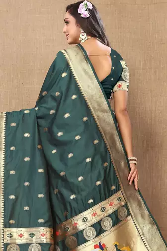 Green paithani silk blend woven meenakari jacquard traditional rich ethnic saree