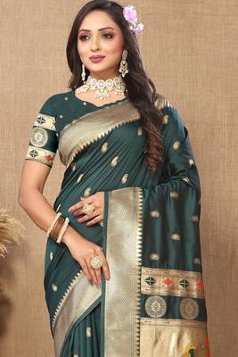 Green paithani silk blend woven meenakari jacquard traditional rich ethnic saree 3