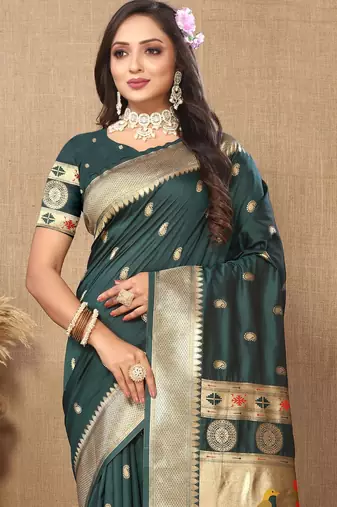 Green paithani silk blend woven meenakari jacquard traditional rich ethnic saree
