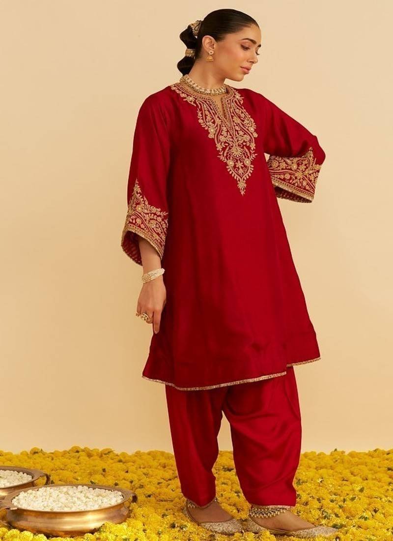 Red embroidered silk kurta set