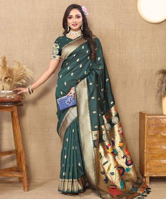 Green paithani silk blend woven meenakari jacquard traditional rich ethnic saree 4