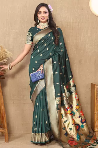 Green paithani silk blend woven meenakari jacquard traditional rich ethnic saree