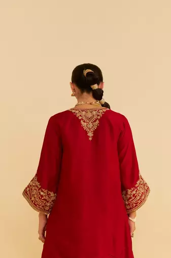 Red embroidered silk kurta set