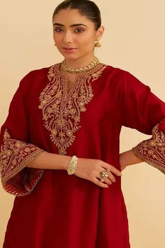 Red embroidered silk kurta set