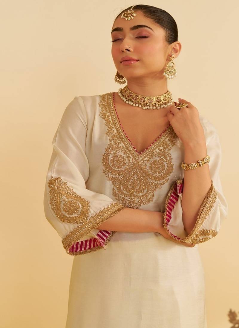 Ivory embroidered silk kurta set