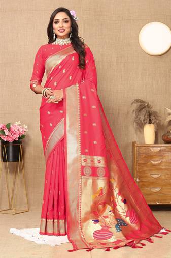 Gajri color paithani silk woven meenakari jacquard designer traditional rich ethnic saree