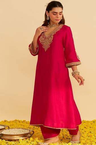 Hot pink embroidered silk kurta set