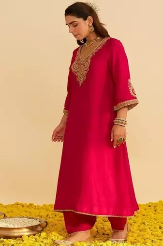 Hot pink embroidered silk kurta set