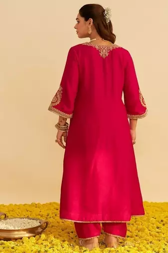 Hot pink embroidered silk kurta set