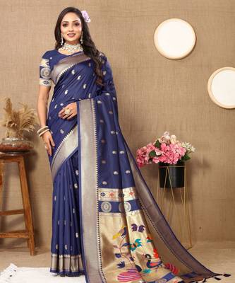 Navy blue paithani silk blend woven meenakari jacquard traditional rich ethnic saree 1