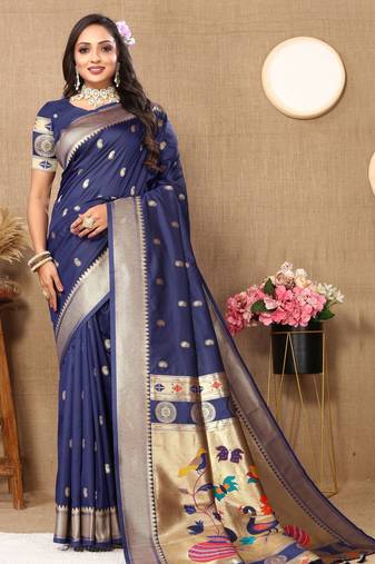Navy blue color paithani silk woven meenakari jacquard designer traditional rich ethnic saree