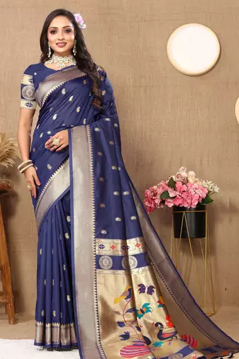 Navy blue color paithani silk woven meenakari jacquard designer traditional rich ethnic saree