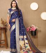 Navy blue color paithani silk woven meenakari jacquard traditional rich ethnic saree