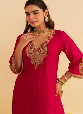 Hot pink embroidered silk kurta set 5
