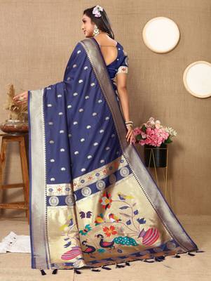 Navy blue paithani silk blend woven meenakari jacquard traditional rich ethnic saree 2
